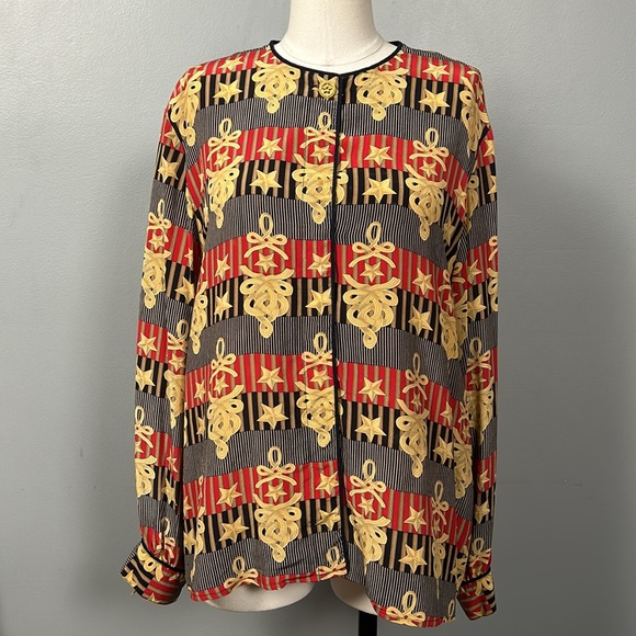 Vintage Fiji Silk Gold Red Navy Long Sleeve Button Down Shirt size XL mandarin - Picture 1 of 16